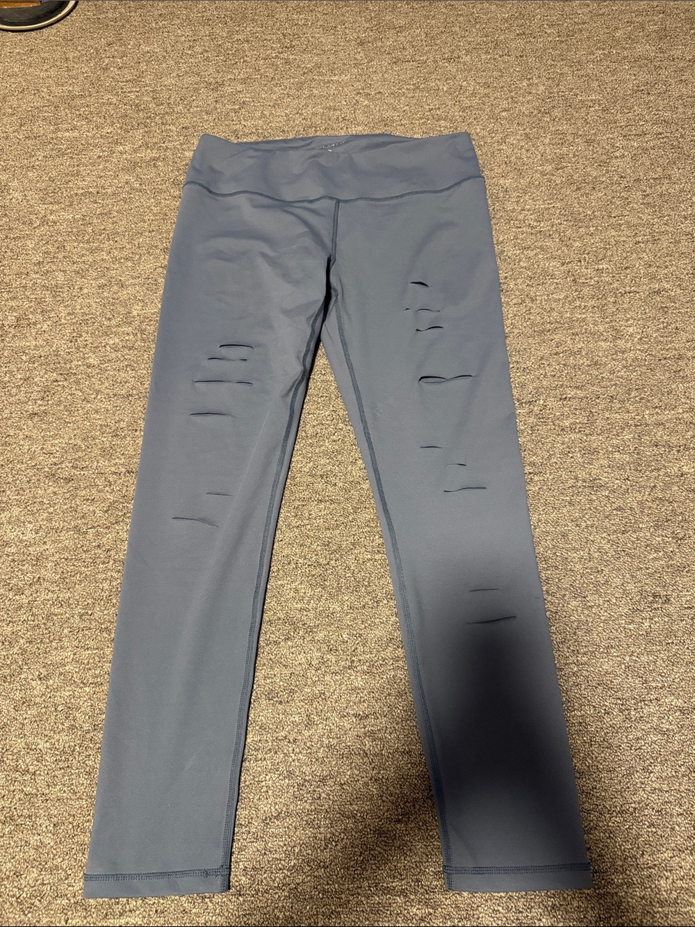 High-Waist Slate Blue Ribbed Leggings with Distressed Slits